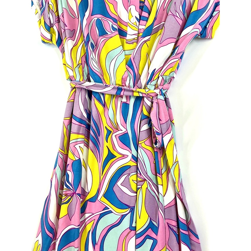Equal Shirt Dress Pink Blue Yellow Abstract Print Tie Waist Maximalist Sz L - Picture 5 of 13